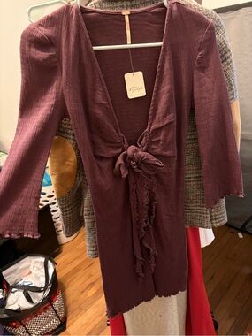 Free People Plum Ribbed Tie-Front Long Sleeve Dress